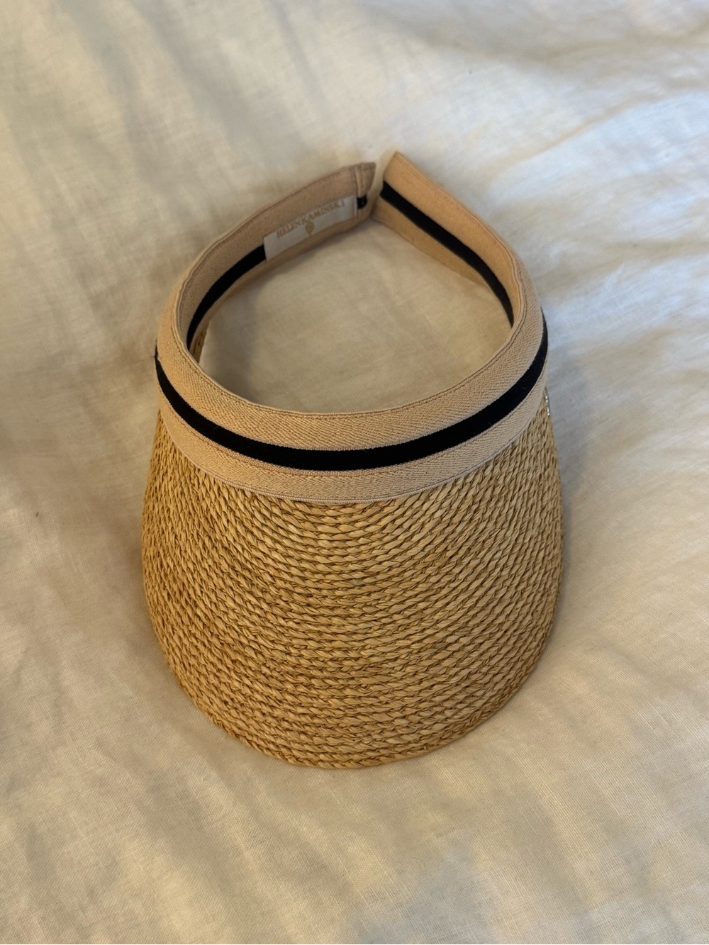 Helen Kaminski Natural Straw Visor with Beige Band and Black Stripe